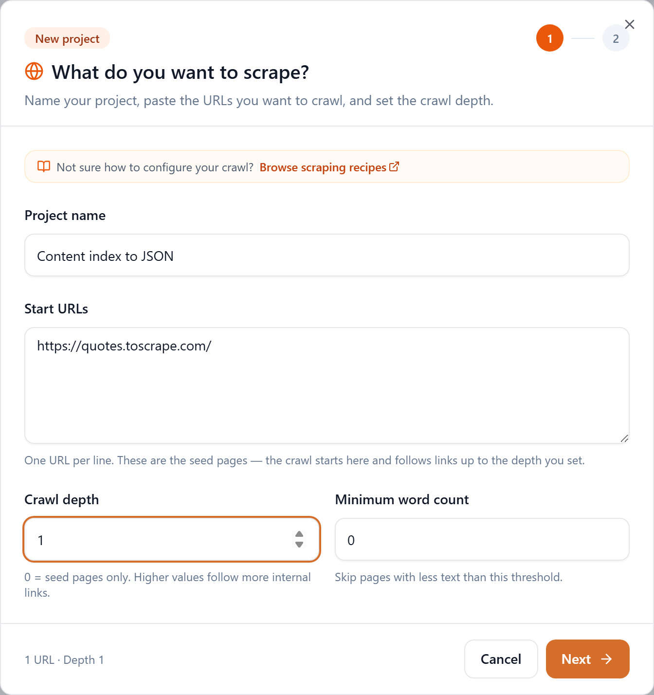 The New Project dialog filled in with a project name and a start URL